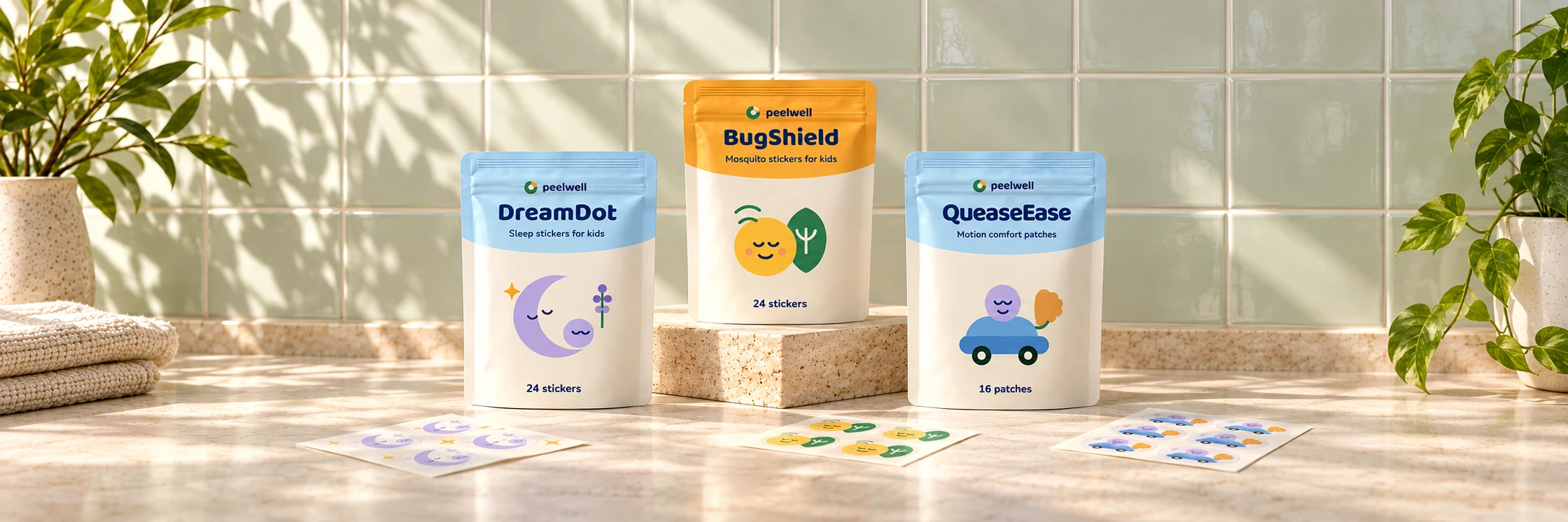 DreamDot, BugShield and QueaseEase pouches with their stickers on a sunlit shelf