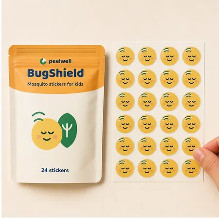 BugShield patches laid beside the pouch to show size and shape