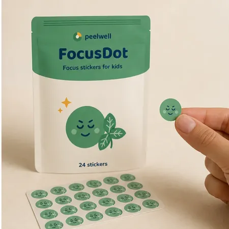 FocusDot patches laid beside the pouch to show size and shape